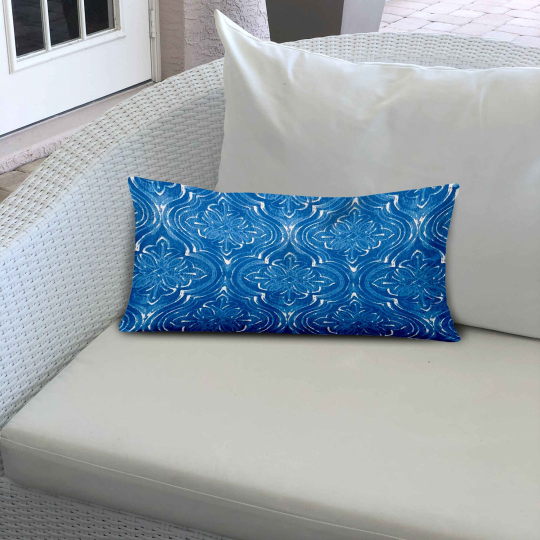 12" X 18" Blue And White Zippered Ogee Lumbar Indoor Outdoor Pillow Cover