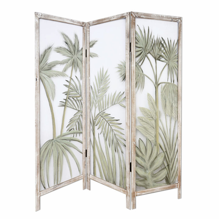 63" Brown And Green Wood And Fabric Tropical Palms Folding Three Panel Screen Room Divider