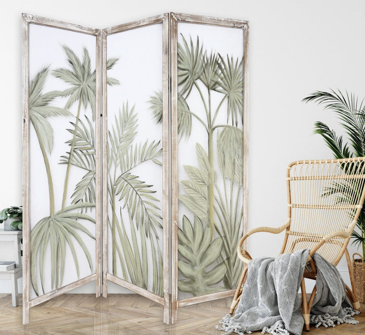 63" Brown And Green Wood And Fabric Tropical Palms Folding Three Panel Screen Room Divider