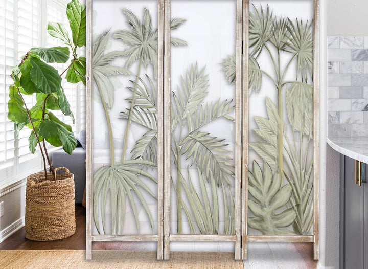 63" Brown And Green Wood And Fabric Tropical Palms Folding Three Panel Screen Room Divider