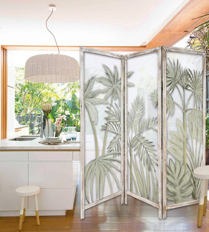 63" Brown And Green Wood And Fabric Tropical Palms Folding Three Panel Screen Room Divider