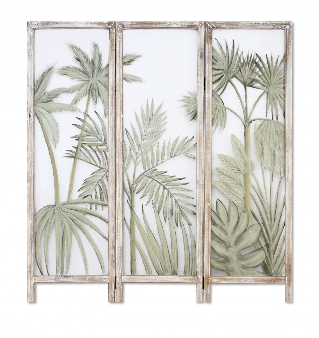 63" Brown And Green Wood And Fabric Tropical Palms Folding Three Panel Screen Room Divider