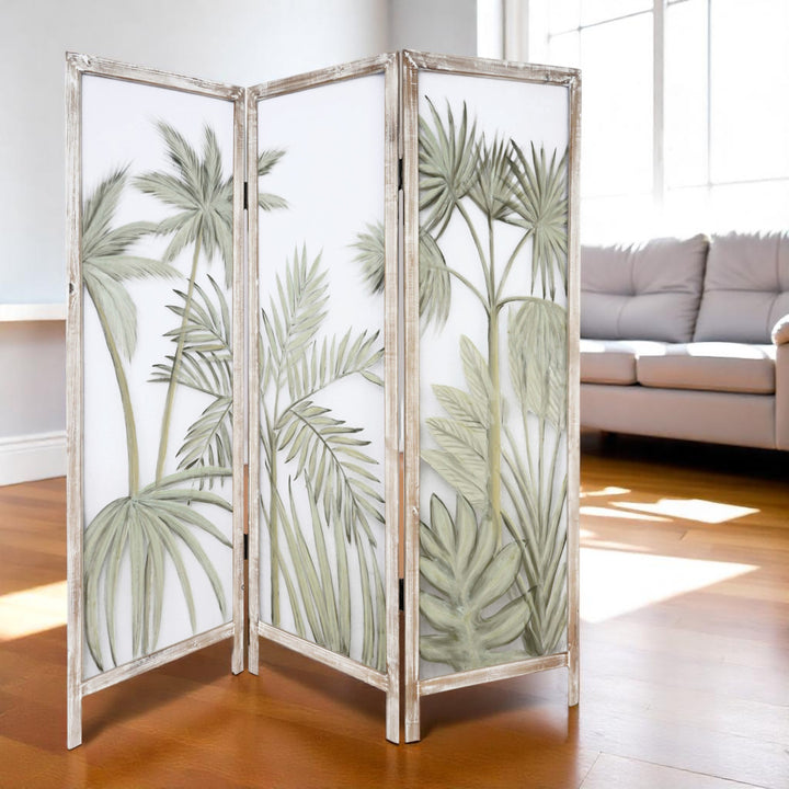 63" Brown And Green Wood And Fabric Tropical Palms Folding Three Panel Screen Room Divider