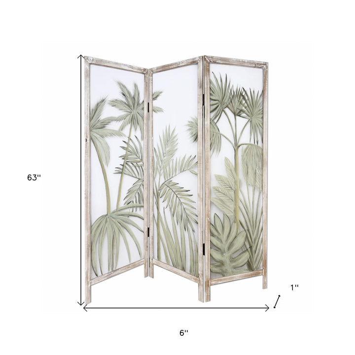 63" Brown And Green Wood And Fabric Tropical Palms Folding Three Panel Screen Room Divider