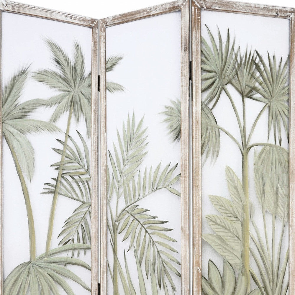 63" Brown And Green Wood And Fabric Tropical Palms Folding Three Panel Screen Room Divider