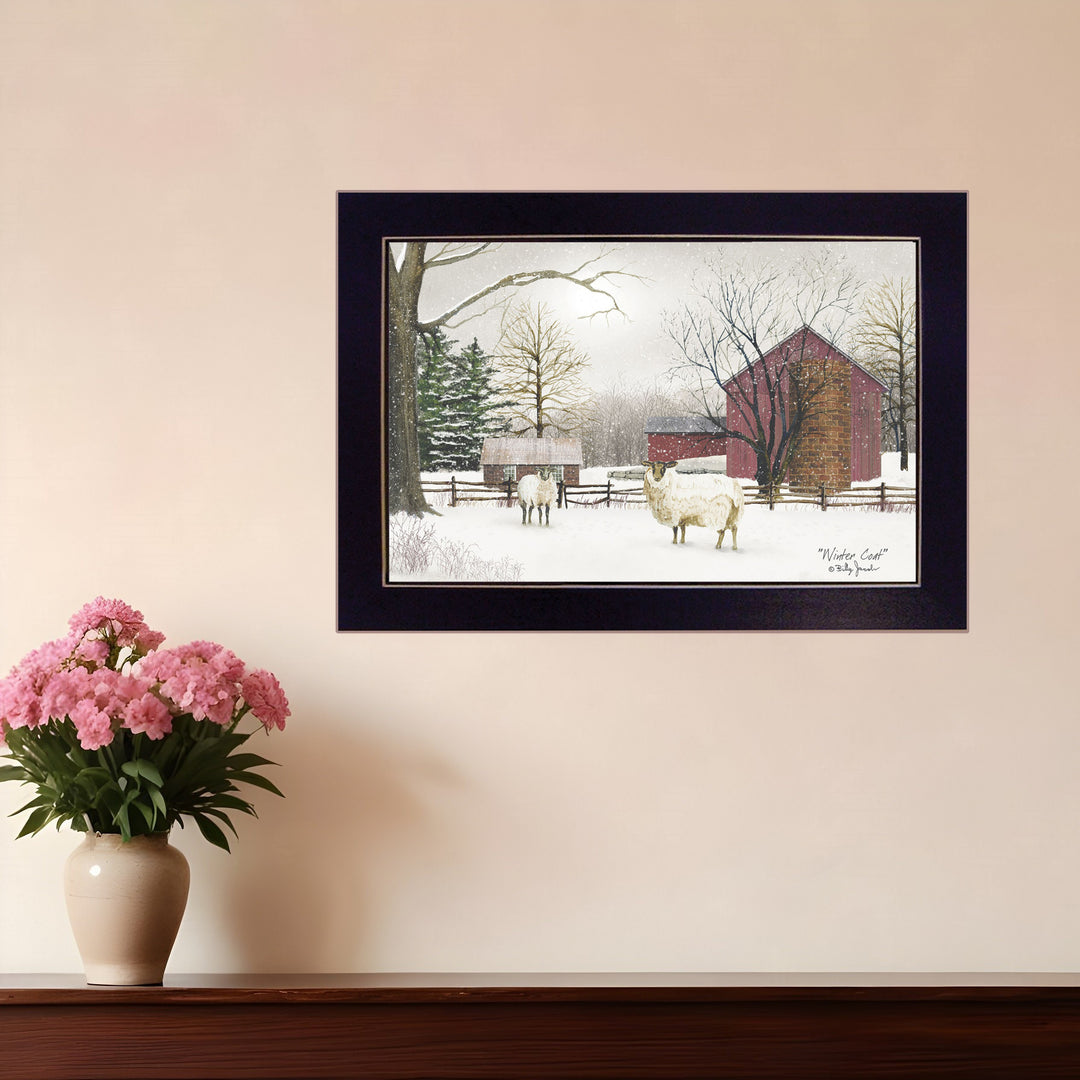 Winter Coat sheep Black Framed Print Wall Art