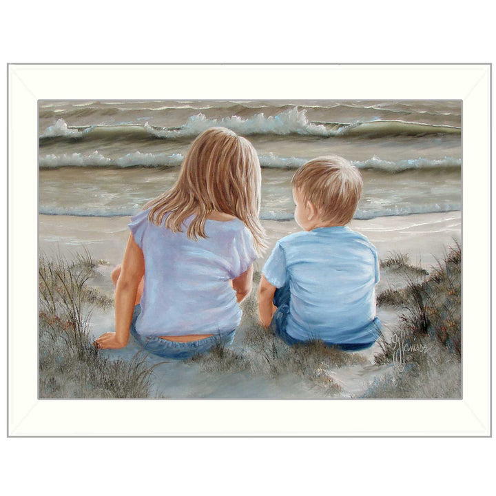 Boy and Girl Sitting White Framed Print Wall Art