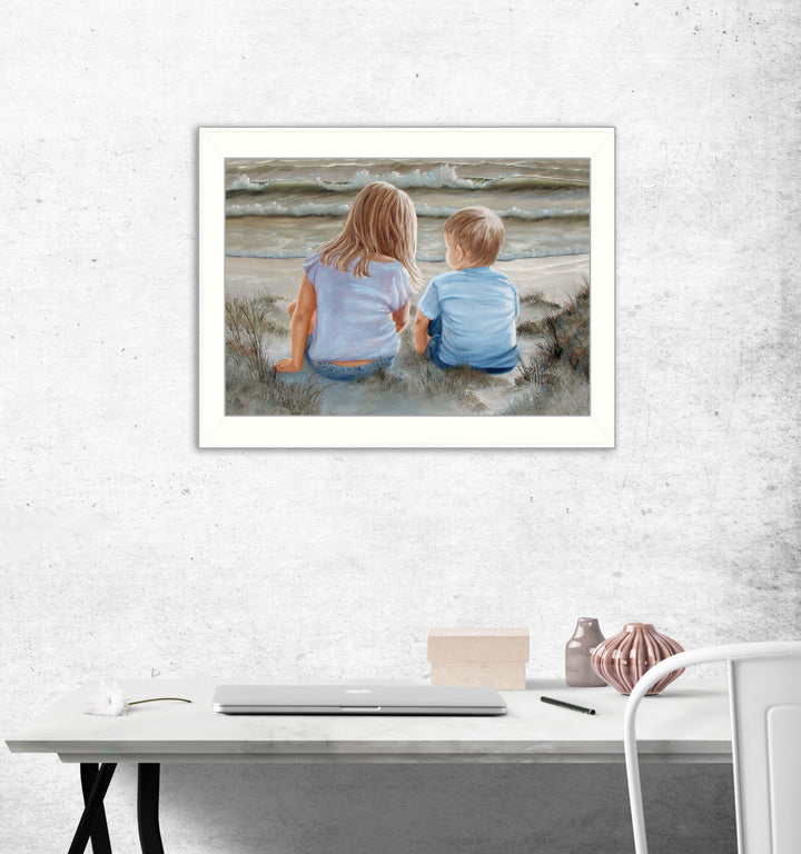 Boy and Girl Sitting White Framed Print Wall Art