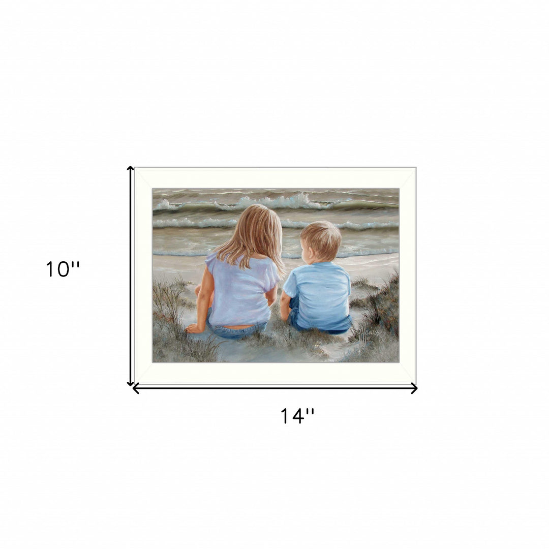 Boy and Girl Sitting White Framed Print Wall Art