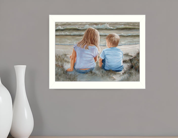 Boy and Girl Sitting White Framed Print Wall Art