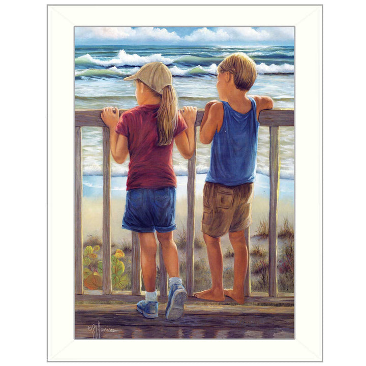 Looking Over the Rail White Framed Print Wall Art