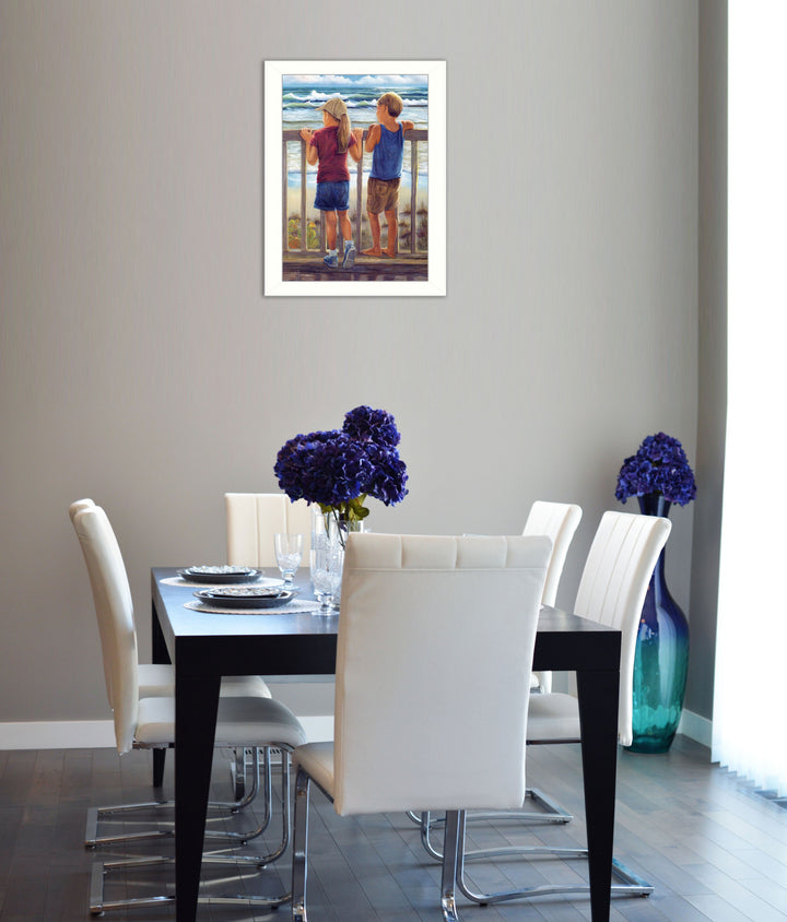 Looking Over the Rail White Framed Print Wall Art