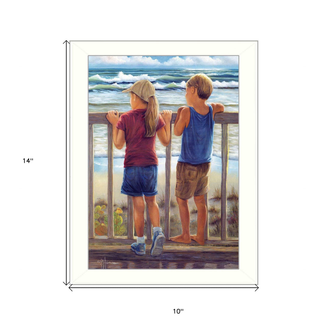 Looking Over the Rail White Framed Print Wall Art