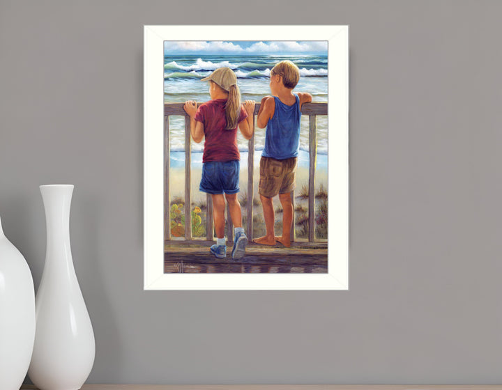 Looking Over the Rail White Framed Print Wall Art