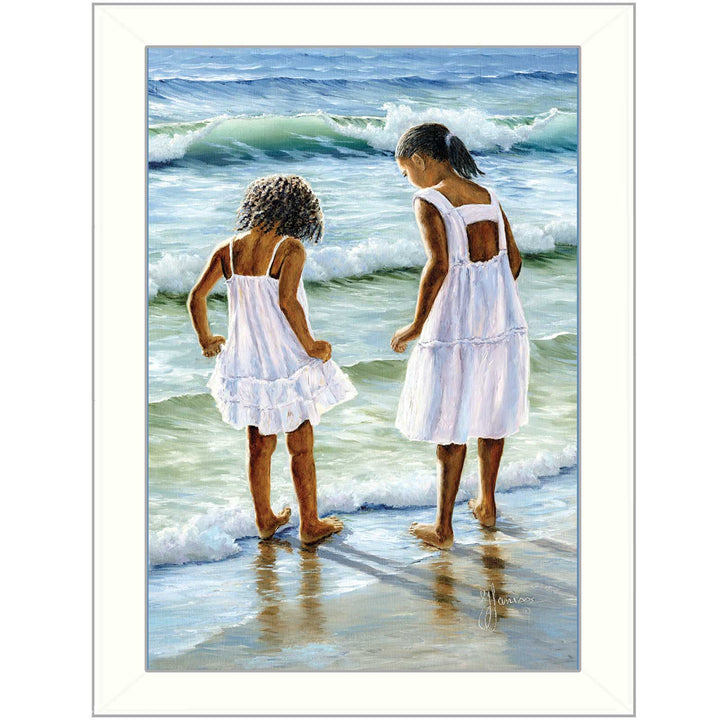 Two Girls at the Beach 1 White Framed Print Wall Art