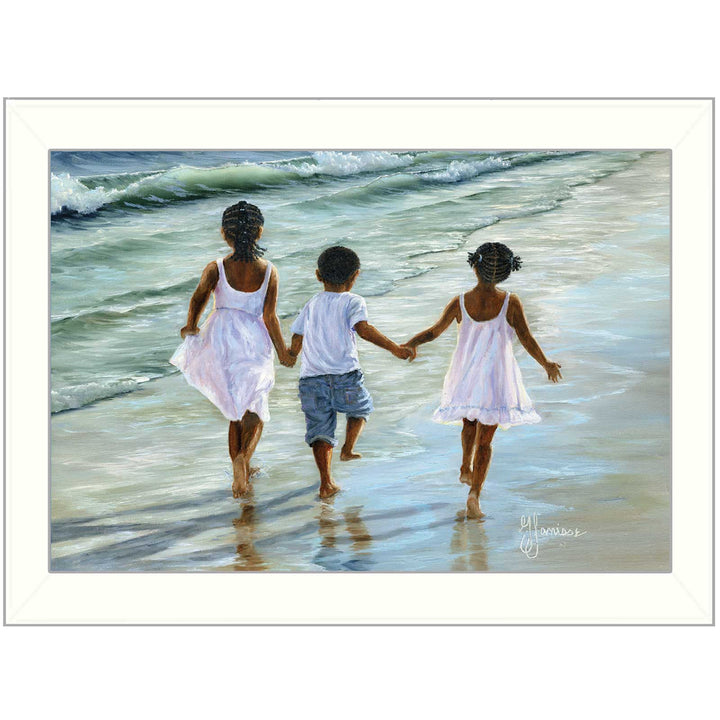 Running on the Beach 1 White Framed Print Wall Art