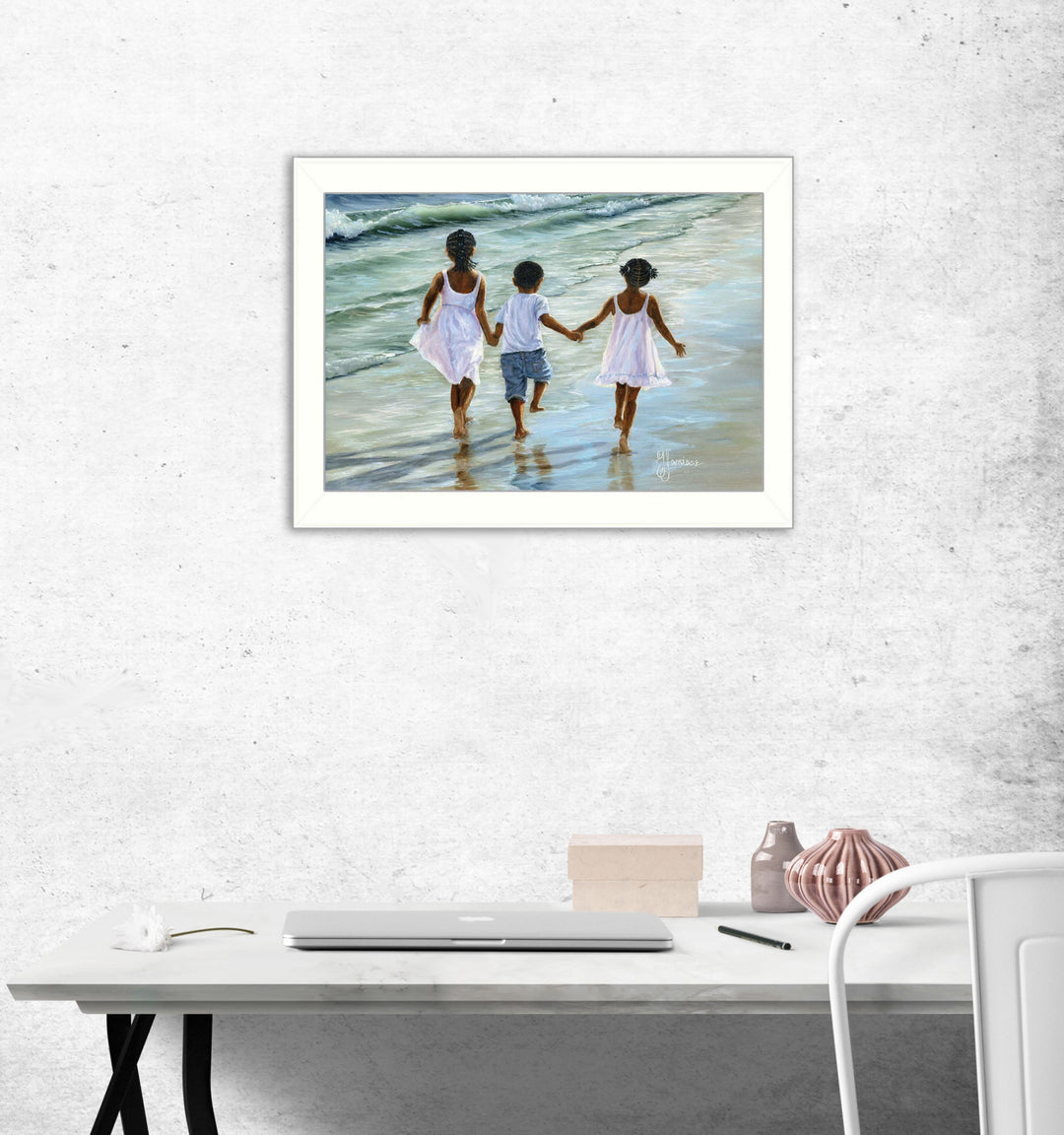 Running on the Beach 1 White Framed Print Wall Art