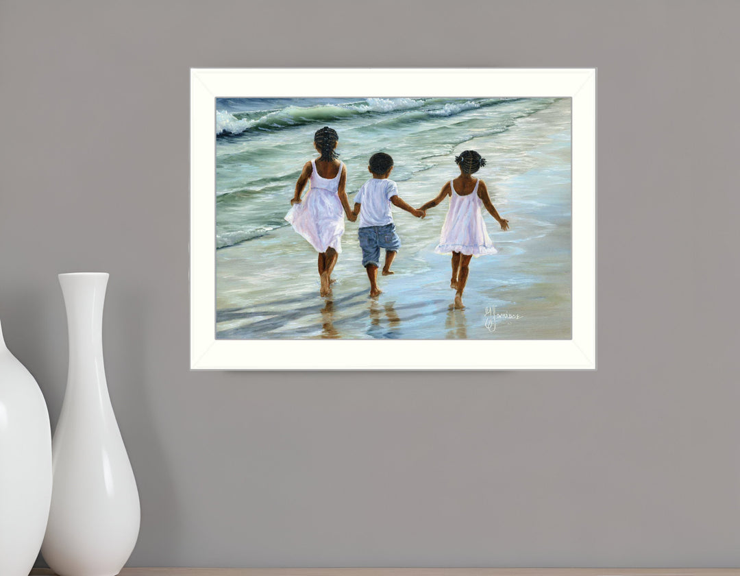 Running on the Beach 1 White Framed Print Wall Art