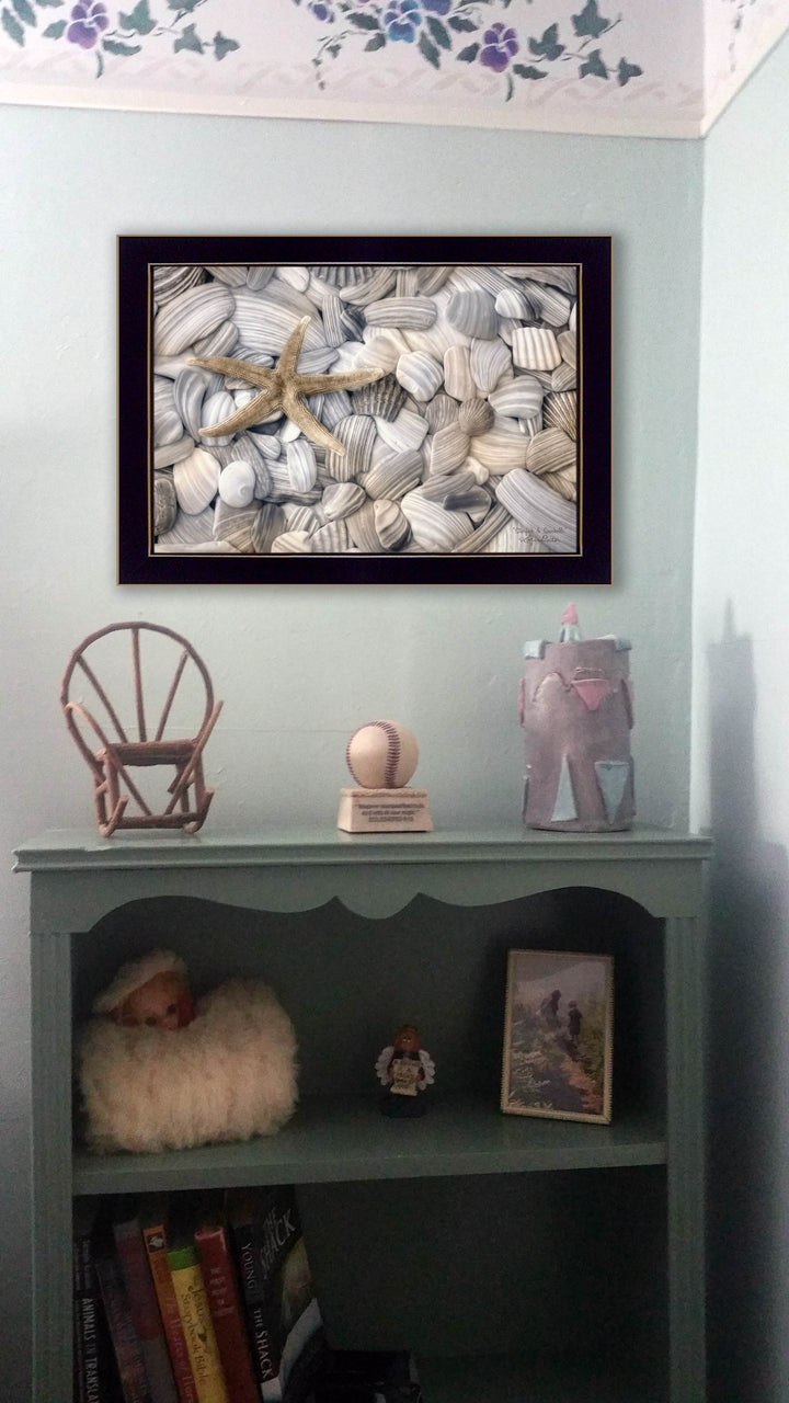 Starfish and Seashell 1 Black Framed Print Wall Art