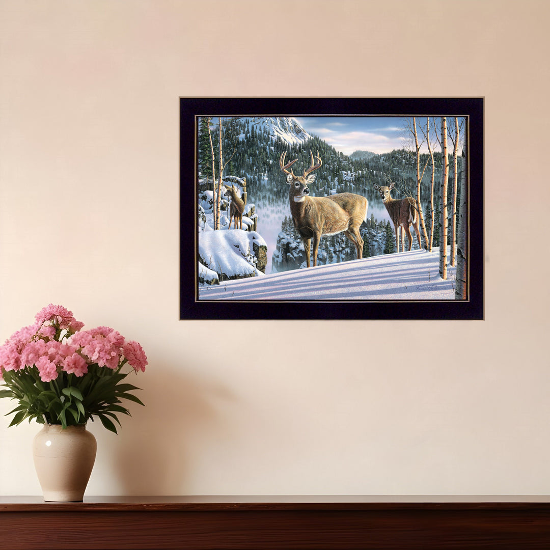 Morning View Deer 1 Black Framed Print Wall Art