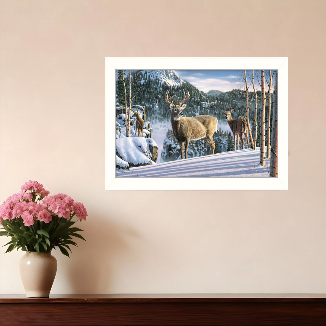 Morning View Deer 2 White Framed Print Wall Art