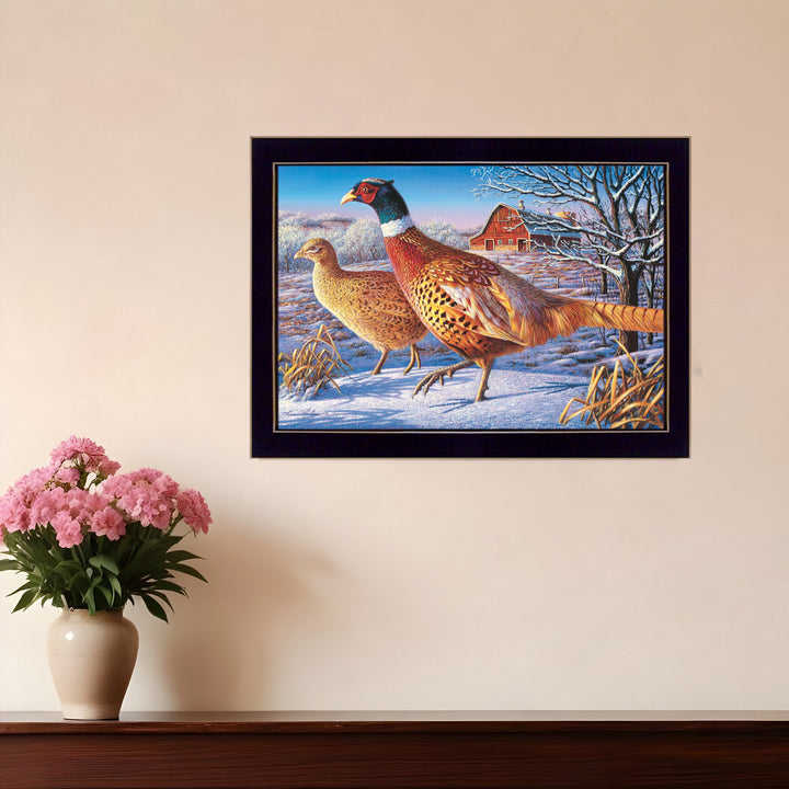 Frosty Morning Ringnecks 1 Black Framed Print Wall Art