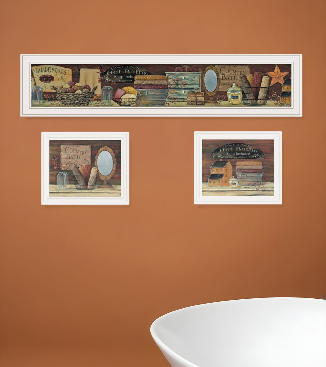 Set Of Three COUNTRY BATH White Framed Print Bathroom Wall Art