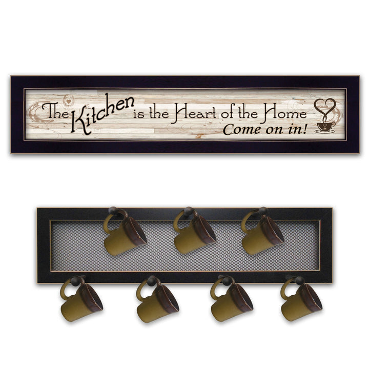 Set Of Two Heart Of The Home Black Framed Kitchen Wall Art With Seven Peg Mug Rack