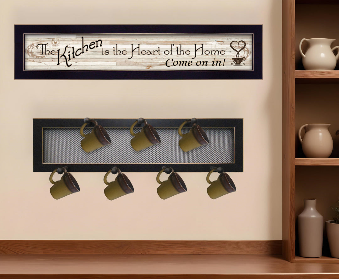 Set Of Two Heart Of The Home Black Framed Kitchen Wall Art With Seven Peg Mug Rack