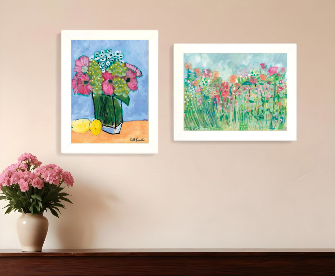 Set Of Two Flower field or Bouquet White Framed Print Wall Art