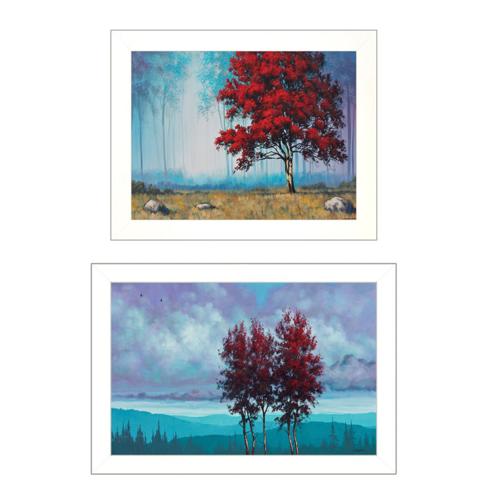 Set Of Two Red Trees 1 White Framed Print Wall Art