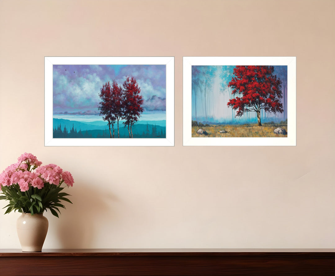 Set Of Two Red Trees 1 White Framed Print Wall Art