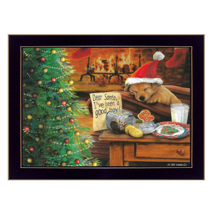 Christmas Eve Puppy Black Framed Print Wall Art