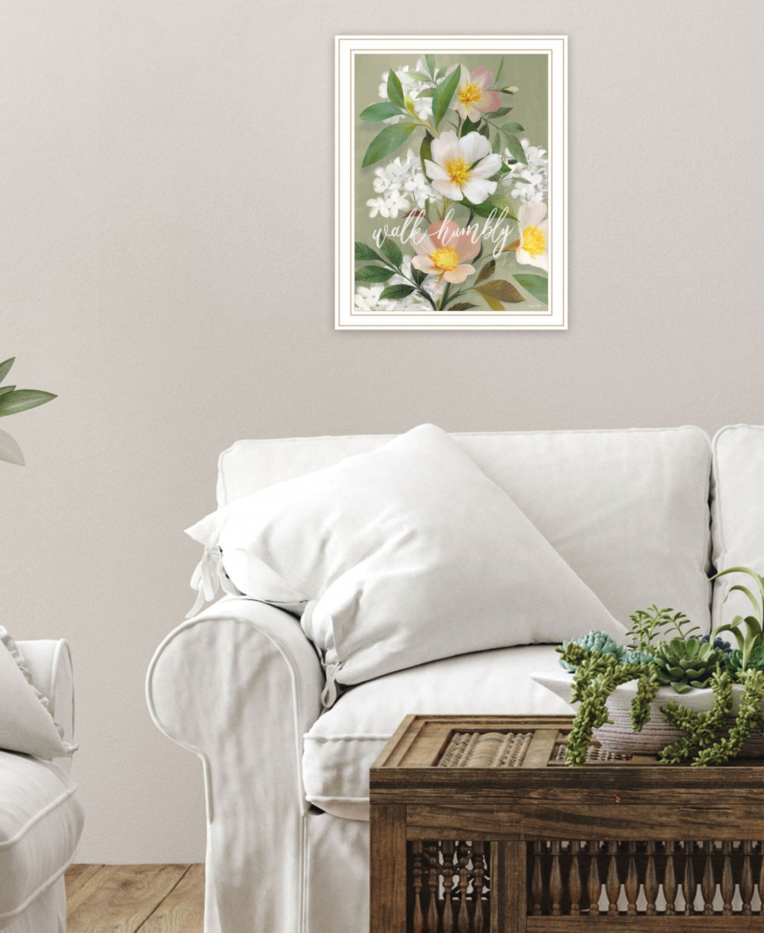 Walk Humbly Floral 2 White Framed Print Wall Art