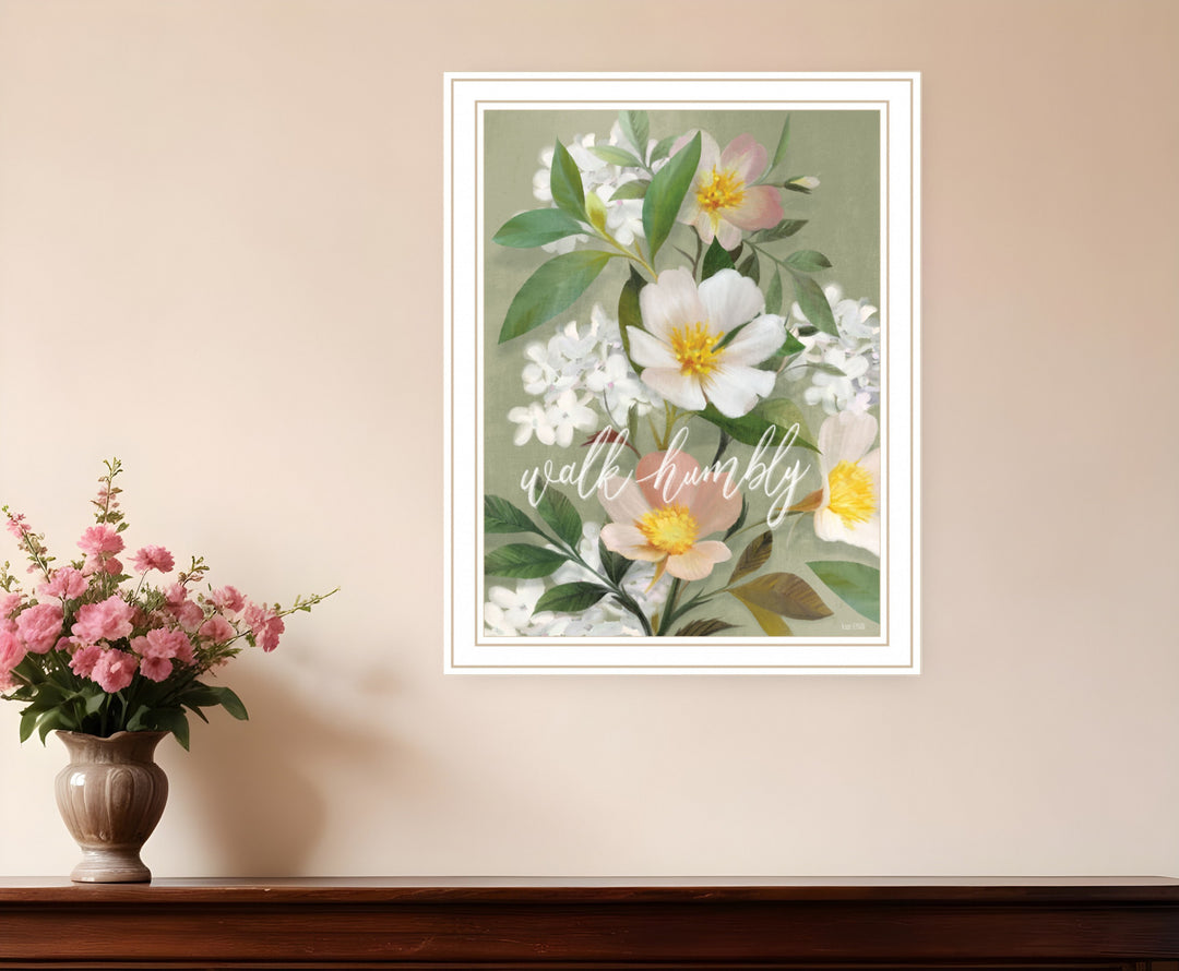 Walk Humbly Floral 2 White Framed Print Wall Art