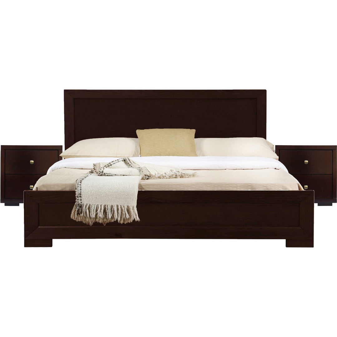 Moma Walnut Wood Platform Queen Bed With Two Nightstands