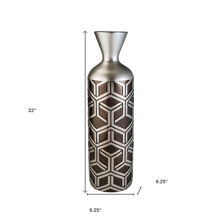 22" Brown and Silver Geometric Polyresin Floor Vase