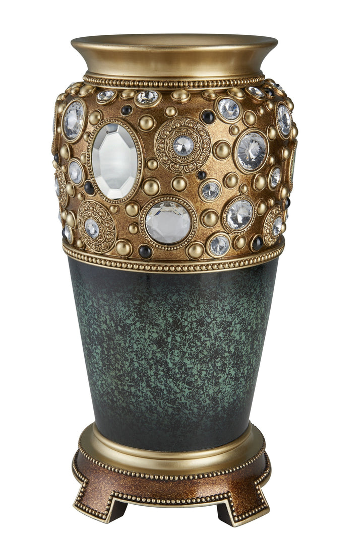 16" Green and Gold Polyresin Bejeweled Urn Vase