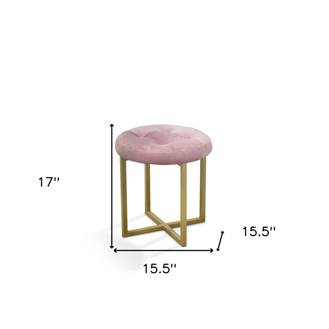 17" Pink Tufted Velvet and Gold Stool