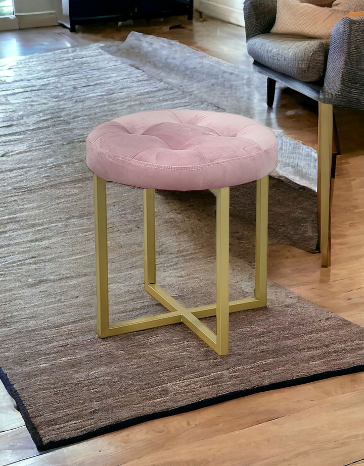 17" Pink Tufted Velvet and Gold Stool