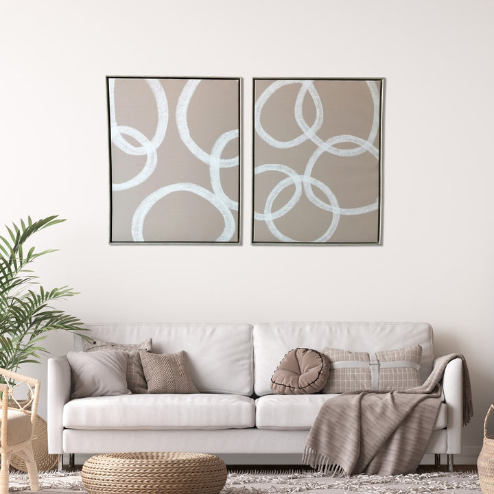 Set Of Two Blush and White Abstract Circles Framed Canvas Wall Art Brown Floater Frame Print Wall Art