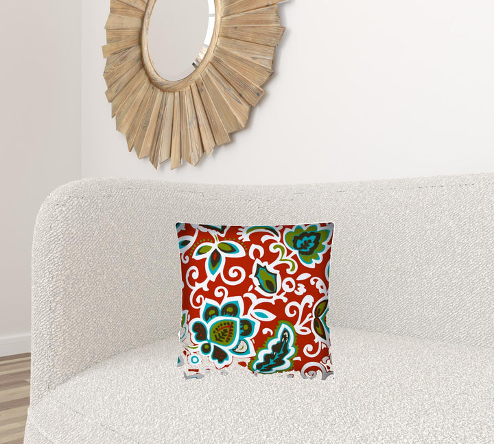 17" X 17" Red And Aqua Zippered Polyester Floral Throw Pillow Cover