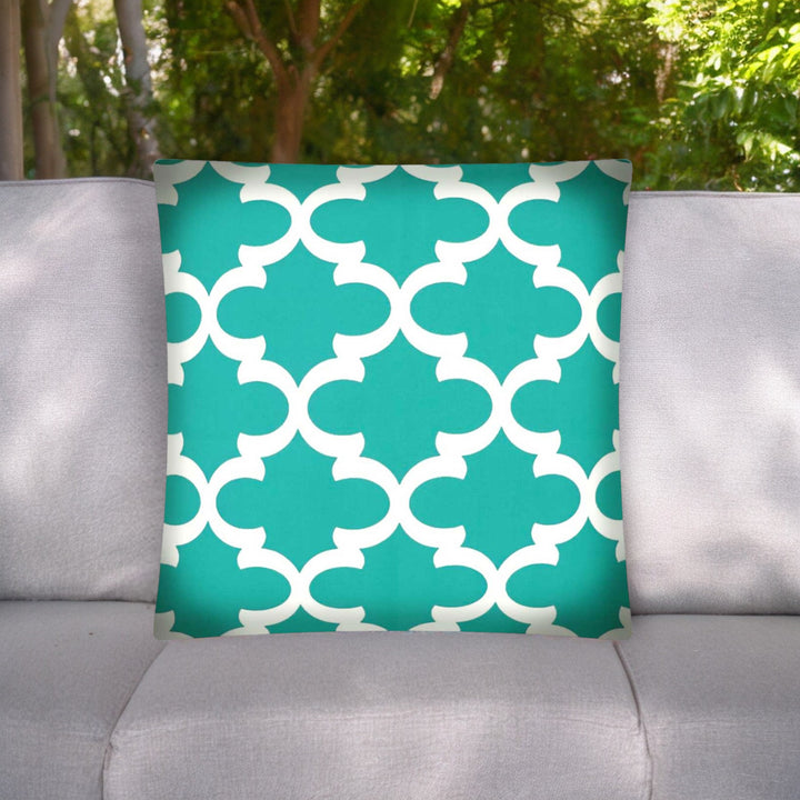 17" Aqua and White Quatrefoil Indoor Outdoor Throw Pillow Cover