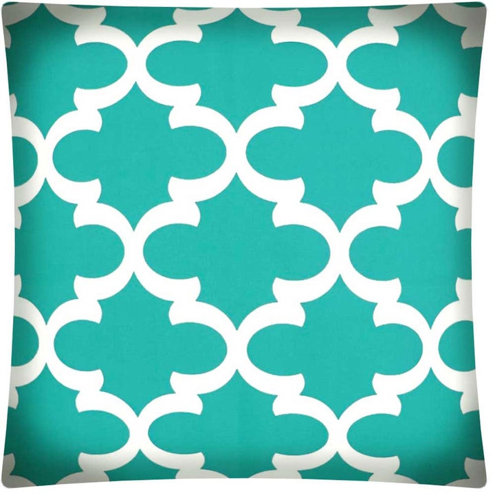 17" Aqua and White Quatrefoil Indoor Outdoor Throw Pillow Cover