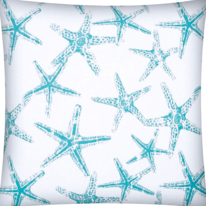 17" Turquoise and White Starfish Indoor Outdoor Throw Pillow Cover