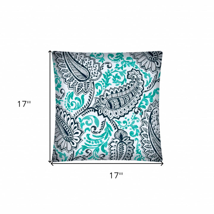 17" Turquoise Navy and White Paisley Indoor Outdoor Throw Pillow Cover