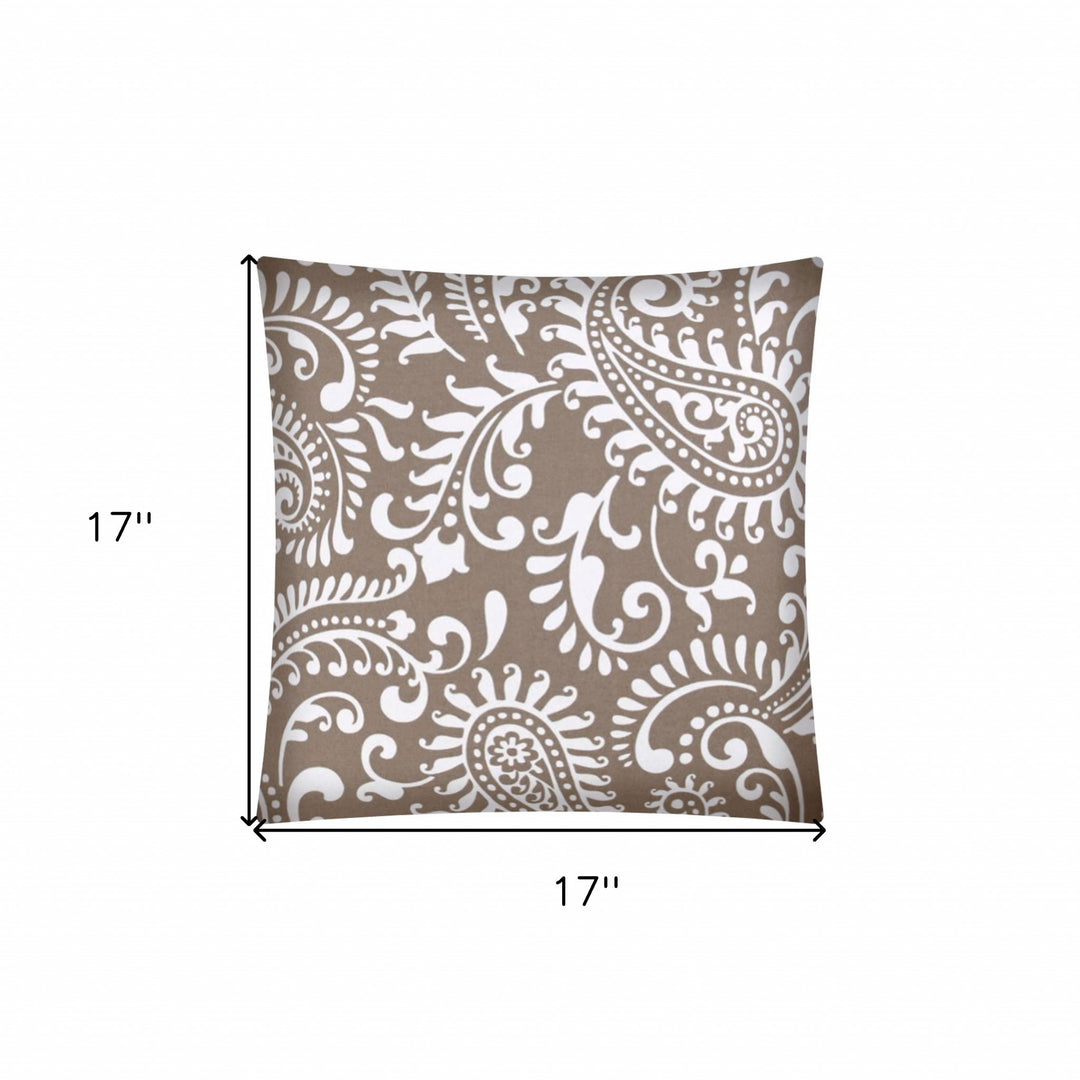 17" Taupe and White Paisley Indoor Outdoor Throw Pillow Cover