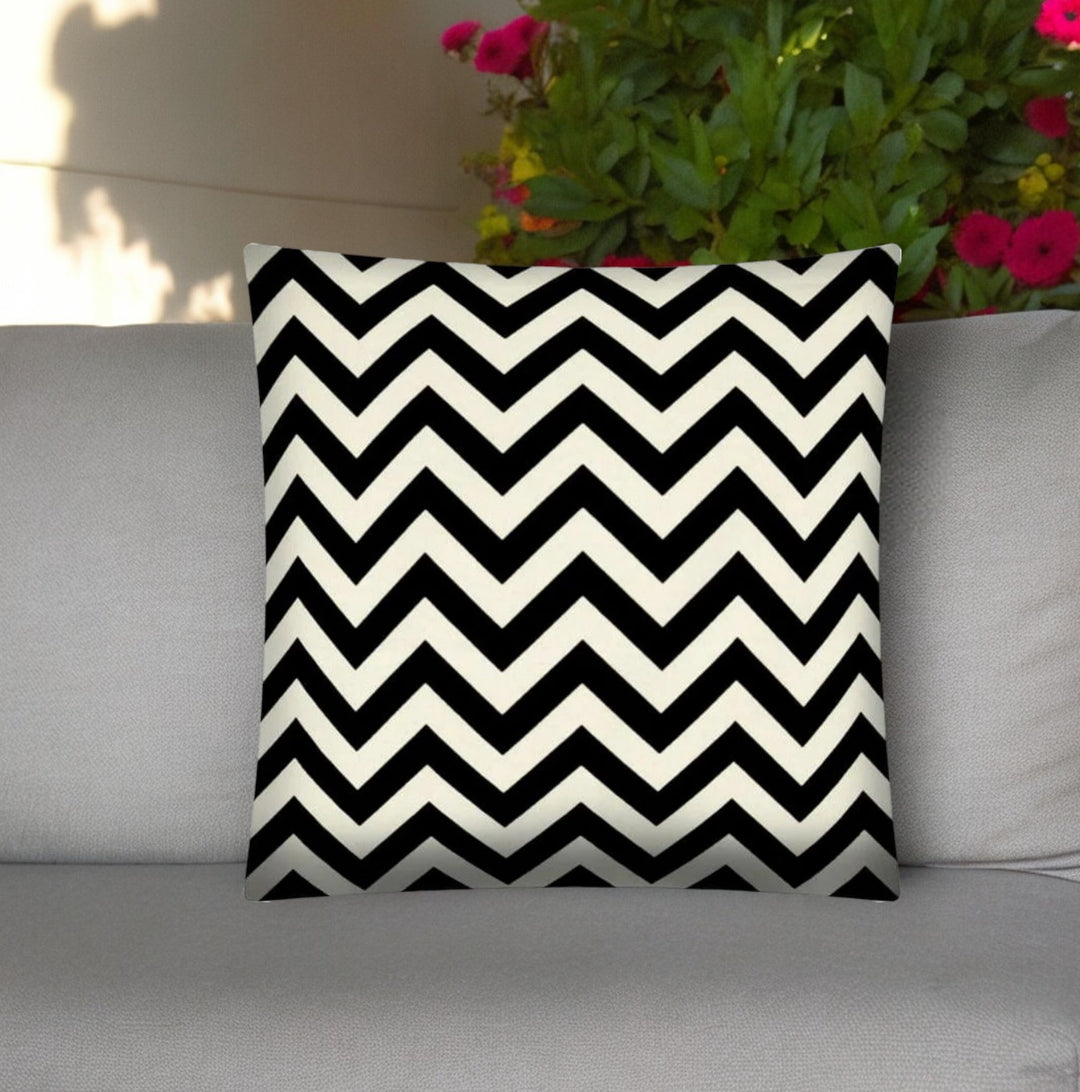 17" Black and Ivory Chevron Indoor Outdoor Throw Pillow Cover