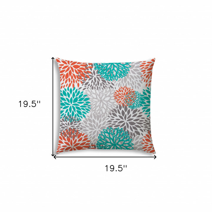 20" Gray Orange and White Floral Indoor Outdoor Throw Pillow Cover