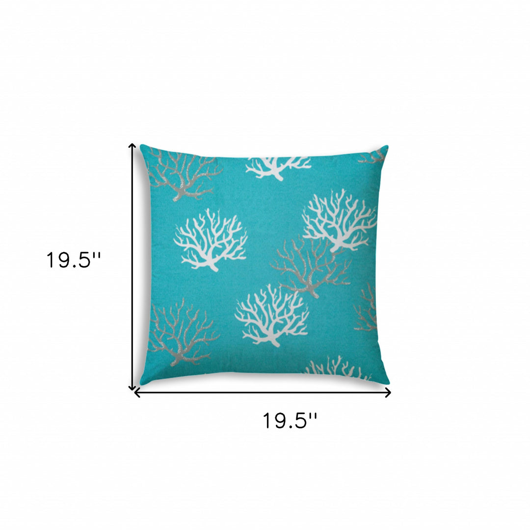 20" Aqua Gray and White Coral Indoor Outdoor Throw Pillow Cover